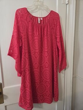 Tacera Fuchsia Crochet Lace Tunic Dress 1X